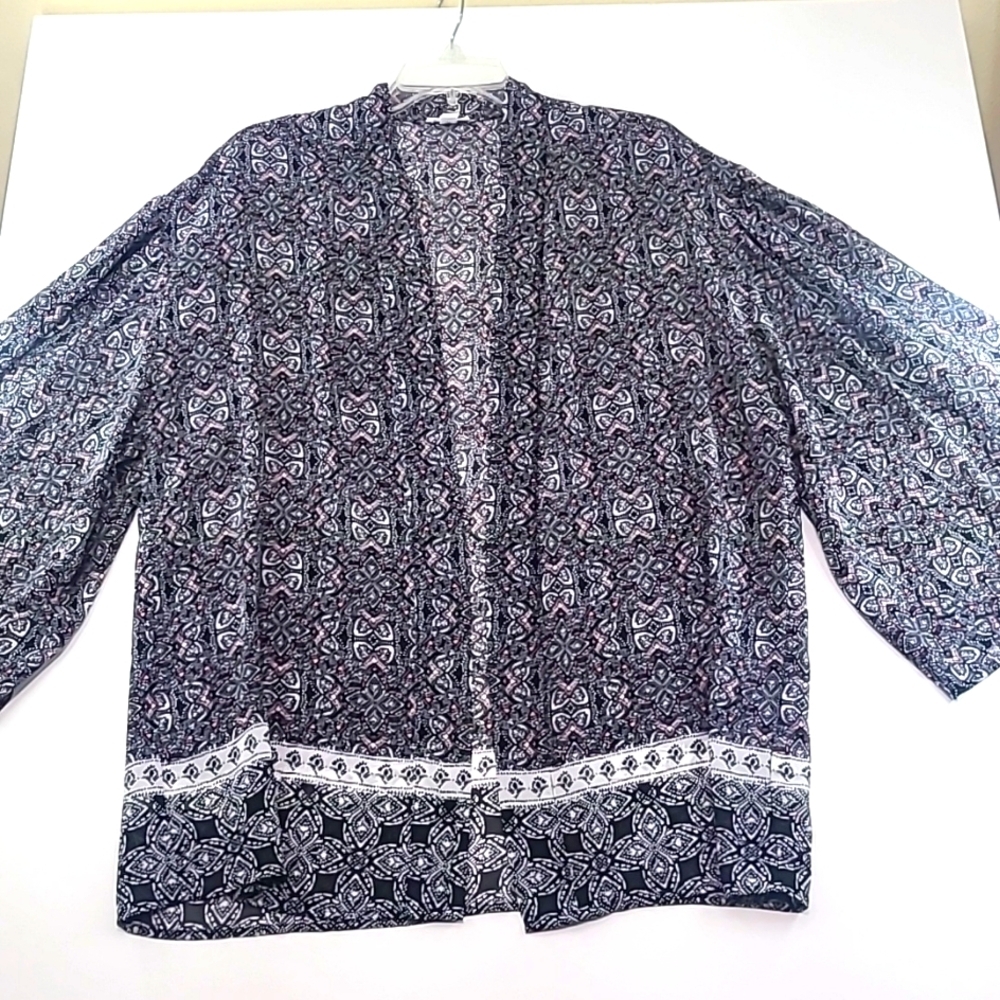 WESTPORT Women's Black Pink White Open Front 3/4 Sleeve Kimono - Size Large‎
